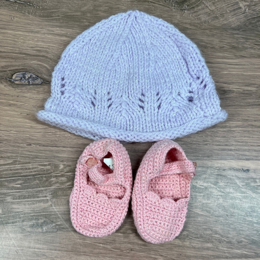 Knit Hat and Booties Set Kids 0-3M Purple Pink Pointelle Shimmer